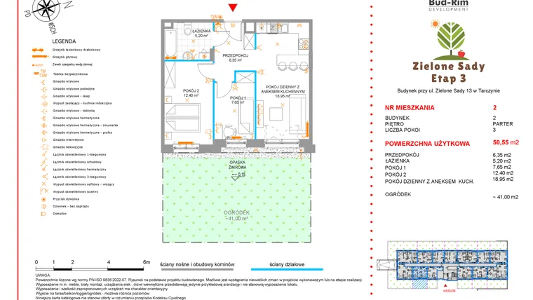 Rzut - Mieszkanie na sprzedaż 3 pokoje o powierzchni 50,55 m² - numer 2 w Zielone Sady etap III B2