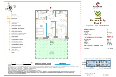 Rzut - Mieszkanie na sprzedaż 3 pokoje o powierzchni 50,55 m² - numer 2 w Zielone Sady etap III B2