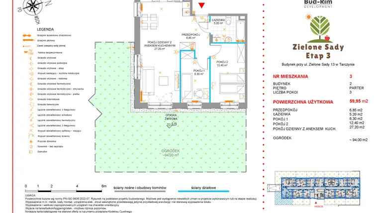 Rzut - Mieszkanie na sprzedaż 3 pokoje o powierzchni 59,95 m² - numer 3 w Zielone Sady etap III B2