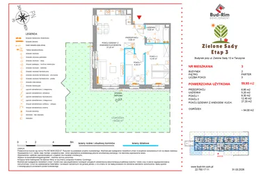 Rzut - Mieszkanie na sprzedaż 3 pokoje o powierzchni 59,95 m² - numer 3 w Zielone Sady etap III B2
