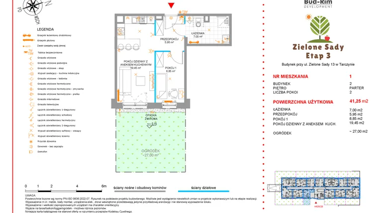 Rzut - Mieszkanie na sprzedaż 2 pokoje o powierzchni 41,25 m² - numer 1 w Zielone Sady etap III B2