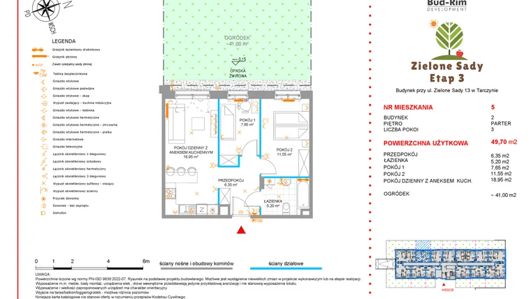 Rzut - Mieszkanie na sprzedaż 3 pokoje o powierzchni 49,7 m² - numer 5 w Zielone Sady etap III B2