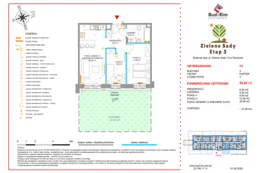 Rzut - Mieszkanie na sprzedaż 3 pokoje o powierzchni 52,2 m² - numer 13 w Zielone Sady etap III B2