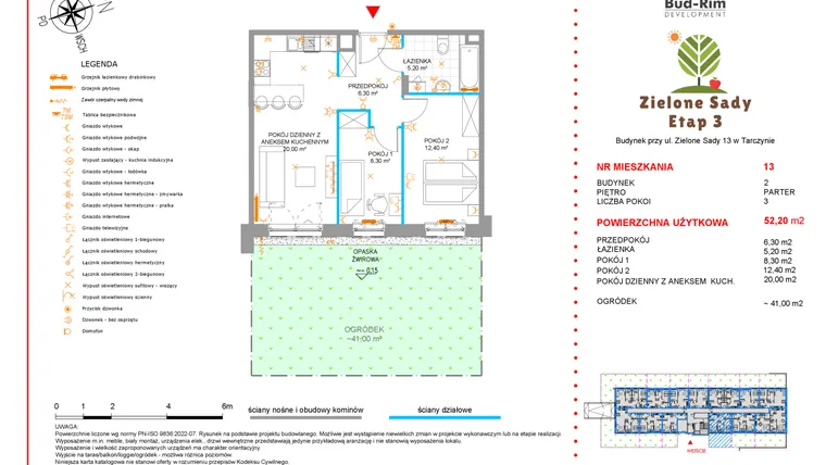 Rzut - Mieszkanie na sprzedaż 3 pokoje o powierzchni 52,2 m² - numer 13 w Zielone Sady etap III B2
