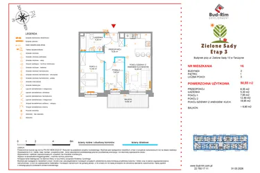 Rzut - Mieszkanie na sprzedaż 3 pokoje o powierzchni 50,55 m² - numer 16 w Zielone Sady etap III B2