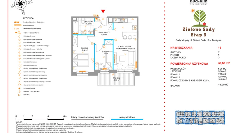 Rzut - Mieszkanie na sprzedaż 3 pokoje o powierzchni 50,55 m² - numer 16 w Zielone Sady etap III B2