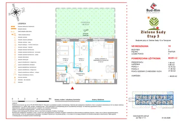 Rzut - Mieszkanie na sprzedaż 3 pokoje o powierzchni 60,85 m² - numer 10 w Zielone Sady etap III B2