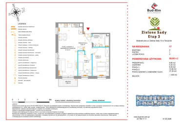 Rzut - Mieszkanie na sprzedaż 3 pokoje o powierzchni 59,95 m² - numer 17 w Zielone Sady etap III B2