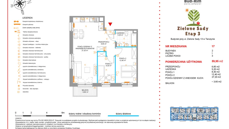 Rzut - Mieszkanie na sprzedaż 3 pokoje o powierzchni 59,95 m² - numer 17 w Zielone Sady etap III B2
