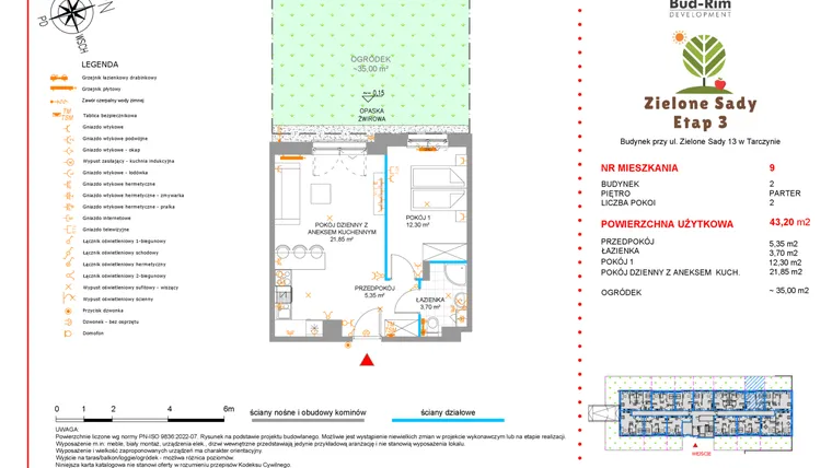 Rzut - Mieszkanie na sprzedaż 2 pokoje o powierzchni 43,2 m² - numer 9 w Zielone Sady etap III B2