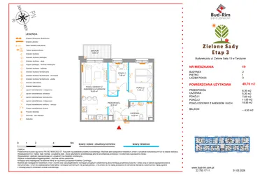Rzut - Mieszkanie na sprzedaż 3 pokoje o powierzchni 49,7 m² - numer 19 w Zielone Sady etap III B2