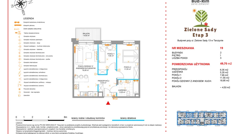 Rzut - Mieszkanie na sprzedaż 3 pokoje o powierzchni 49,7 m² - numer 19 w Zielone Sady etap III B2