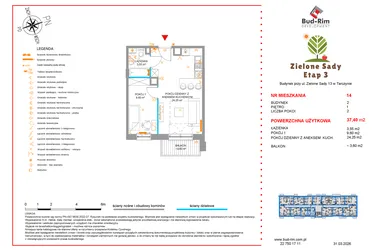 Rzut - Mieszkanie na sprzedaż 2 pokoje o powierzchni 37,4 m² - numer 14 w Zielone Sady etap III B2