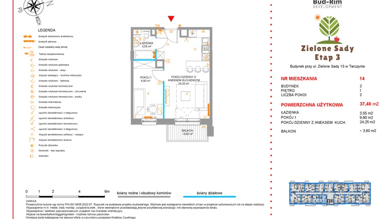 Rzut - Mieszkanie na sprzedaż 2 pokoje o powierzchni 37,4 m² - numer 14 w Zielone Sady etap III B2