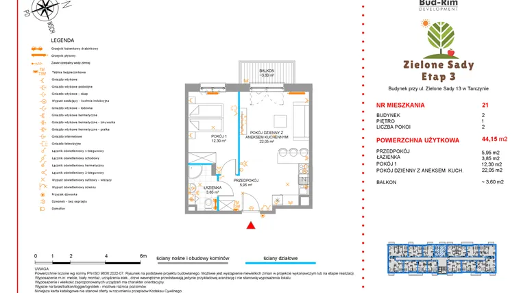 Rzut - Mieszkanie na sprzedaż 2 pokoje o powierzchni 44,15 m² - numer 21 w Zielone Sady etap III B2