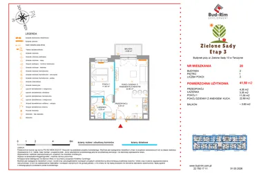 Rzut - Mieszkanie na sprzedaż 2 pokoje o powierzchni 41,5 m² - numer 20 w Zielone Sady etap III B2