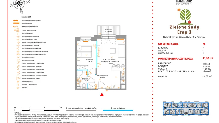 Rzut - Mieszkanie na sprzedaż 2 pokoje o powierzchni 41,5 m² - numer 20 w Zielone Sady etap III B2