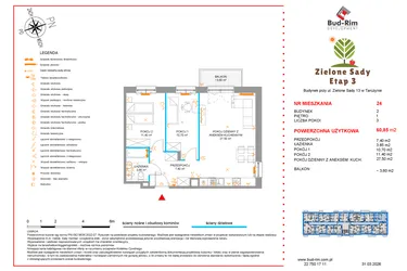 Rzut - Mieszkanie na sprzedaż 3 pokoje o powierzchni 60,85 m² - numer 24 w Zielone Sady etap III B2