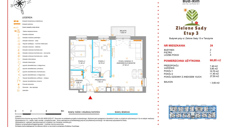 Rzut - Mieszkanie na sprzedaż 3 pokoje o powierzchni 60,85 m² - numer 24 w Zielone Sady etap III B2