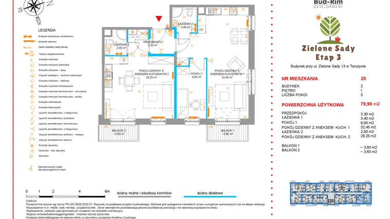 Rzut - Mieszkanie na sprzedaż 3 pokoje o powierzchni 79,9 m² - numer 25 w Zielone Sady etap III B2
