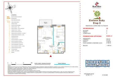 Rzut - Mieszkanie na sprzedaż 2 pokoje o powierzchni 43,2 m² - numer 23 w Zielone Sady etap III B2