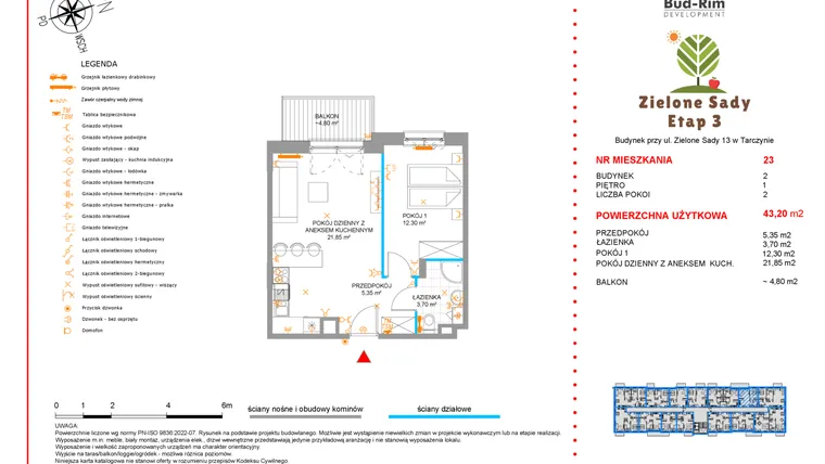 Rzut - Mieszkanie na sprzedaż 2 pokoje o powierzchni 43,2 m² - numer 23 w Zielone Sady etap III B2