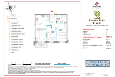 Rzut - Mieszkanie na sprzedaż 3 pokoje o powierzchni 52,2 m² - numer 27 w Zielone Sady etap III B2