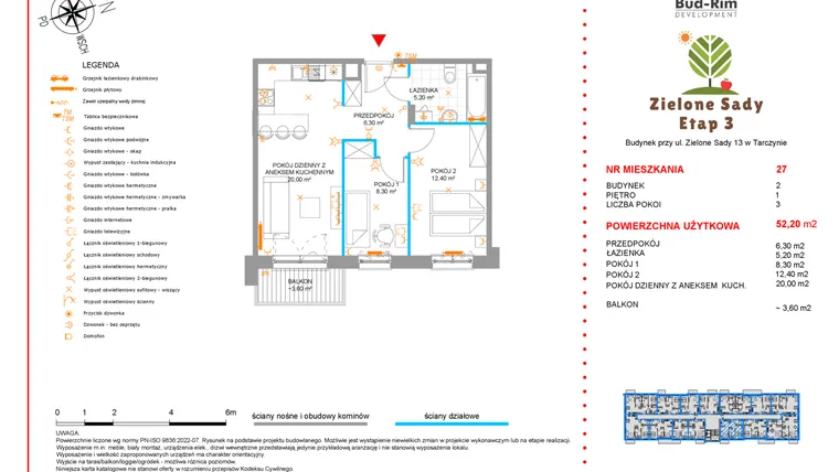 Rzut - Mieszkanie na sprzedaż 3 pokoje o powierzchni 52,2 m² - numer 27 w Zielone Sady etap III B2