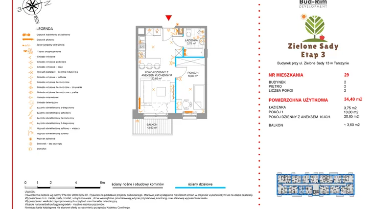 Rzut - Mieszkanie na sprzedaż 2 pokoje o powierzchni 34,4 m² - numer 29 w Zielone Sady etap III B2