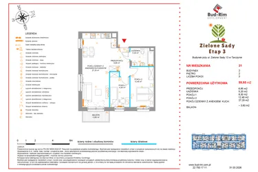 Rzut - Mieszkanie na sprzedaż 3 pokoje o powierzchni 59,95 m² - numer 31 w Zielone Sady etap III B2