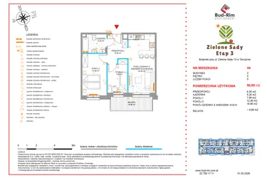 Rzut - Mieszkanie na sprzedaż 3 pokoje o powierzchni 50,55 m² - numer 44 w Zielone Sady etap III B2