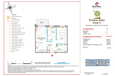 Rzut - Mieszkanie na sprzedaż 3 pokoje o powierzchni 49,7 m² - numer 47 w Zielone Sady etap III B2