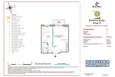 Rzut - Mieszkanie na sprzedaż 2 pokoje o powierzchni 44,15 m² - numer 49 w Zielone Sady etap III B2