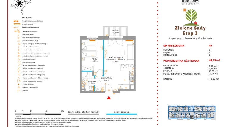 Rzut - Mieszkanie na sprzedaż 2 pokoje o powierzchni 44,15 m² - numer 49 w Zielone Sady etap III B2