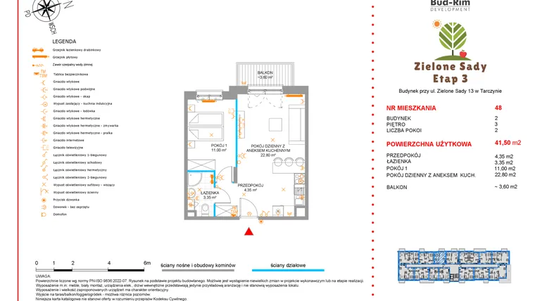 Rzut - Mieszkanie na sprzedaż 2 pokoje o powierzchni 41,5 m² - numer 48 w Zielone Sady etap III B2