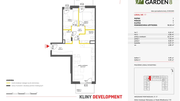 Rzut - Mieszkanie na sprzedaż 3 pokoje o powierzchni 56,92 m² - numer 17 w Nova Viva Garden 8