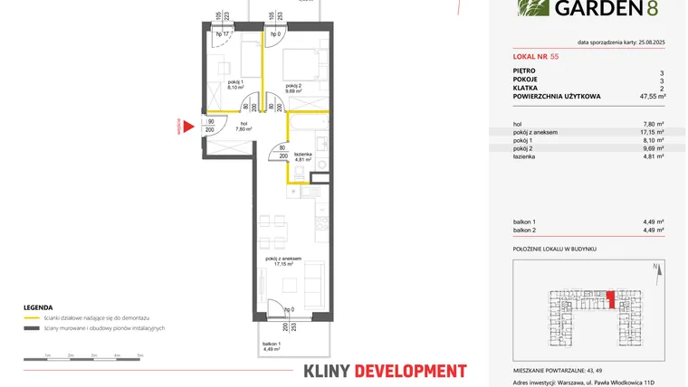 Rzut - Mieszkanie na sprzedaż 3 pokoje o powierzchni 47,55 m² - numer 55 w Nova Viva Garden 8