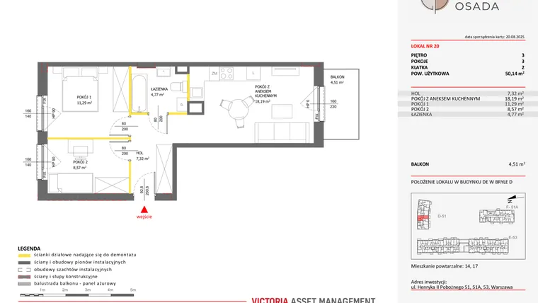 Rzut - Mieszkanie na sprzedaż 3 pokoje o powierzchni 50,14 m² - numer D.20 w Piastova Osada