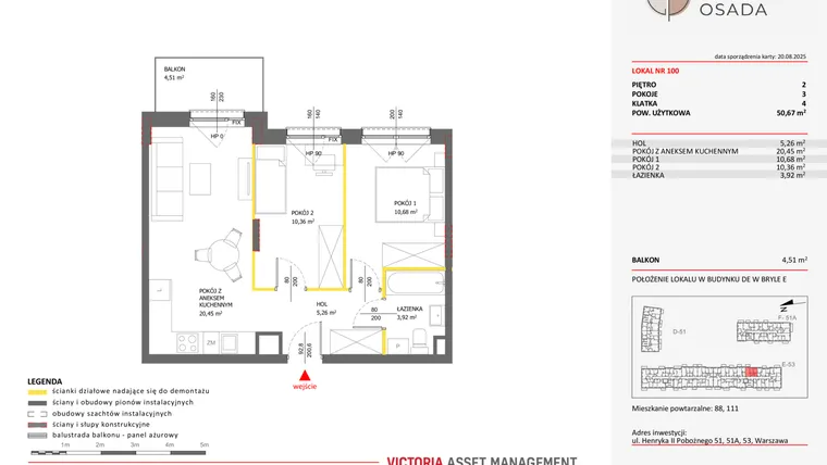 Rzut - Mieszkanie na sprzedaż 3 pokoje o powierzchni 50,67 m² - numer E.100 w Piastova Osada