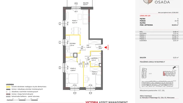 Rzut - Mieszkanie na sprzedaż 3 pokoje o powierzchni 60 m² - numer F.124 w Piastova Osada