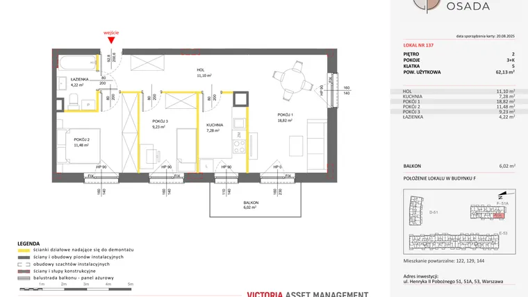 Rzut - Mieszkanie na sprzedaż 3 pokoje o powierzchni 62,13 m² - numer F.137 w Piastova Osada
