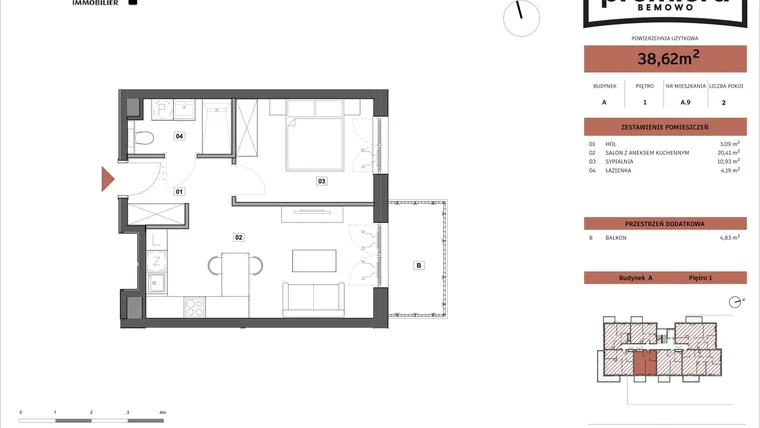 Rzut - Mieszkanie na sprzedaż 2 pokoje o powierzchni 38,62 m² - numer A.09 w Premiera Bemowo