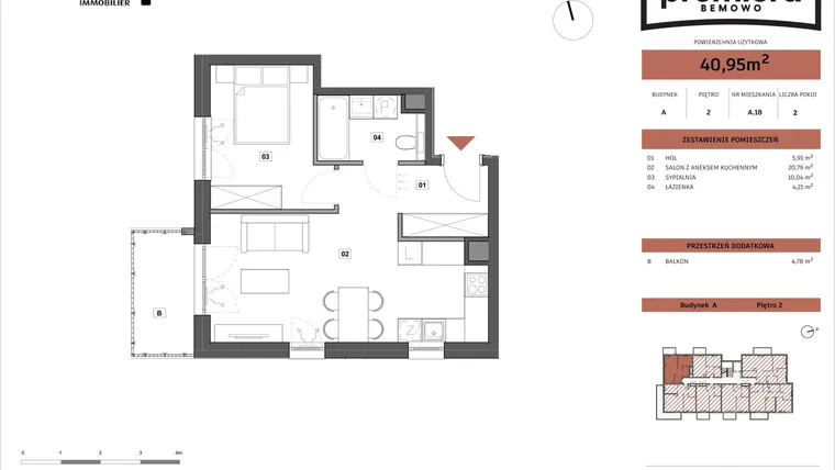 Rzut - Mieszkanie na sprzedaż 2 pokoje o powierzchni 40,95 m² - numer A.18 w Premiera Bemowo