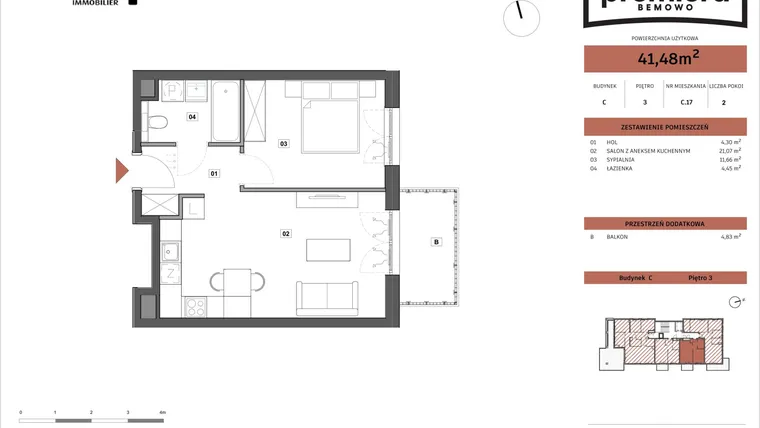 Rzut - Mieszkanie na sprzedaż 2 pokoje o powierzchni 41,48 m² - numer C.17 w Premiera Bemowo