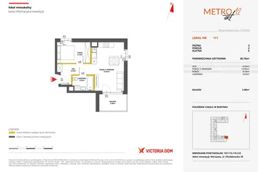 Rzut - Mieszkanie na sprzedaż 2 pokoje o powierzchni 38,7 m² - numer 111 w Metro Art 12
