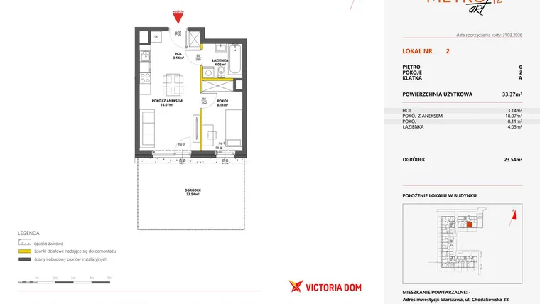 Rzut - Mieszkanie na sprzedaż 2 pokoje o powierzchni 33,37 m² - numer 2 w Metro Art 12