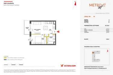 Rzut - Mieszkanie na sprzedaż 2 pokoje o powierzchni 35,15 m² - numer 36 w Metro Art 12