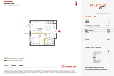 Rzut - Mieszkanie na sprzedaż 2 pokoje o powierzchni 36,94 m² - numer 60 w Metro Art 12
