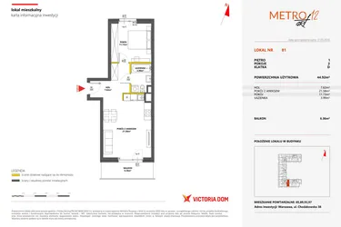 Rzut - Mieszkanie na sprzedaż 2 pokoje o powierzchni 44,92 m² - numer 81 w Metro Art 12