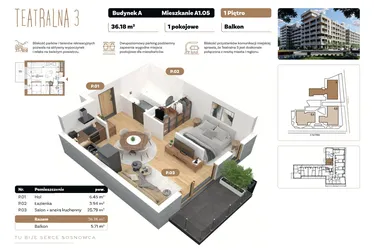 Rzut - Mieszkanie na sprzedaż 1 pokój o powierzchni 36,18 m² - numer A 1.05 w Teatralna 3 - etap II